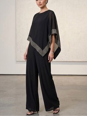 Ignite Evenings Embellished Overlay Jumpsuit Black Size 14P Petite